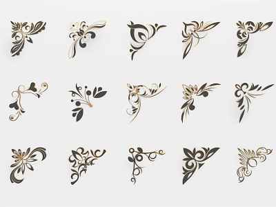 Ornamental Carvings With Floral Patterns And Gold Black Decorative Corner Designs 3d model