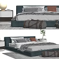 Modern Double Bed With Nightstand Lamp Pillows Blanket Duffel Bag And Small Plant