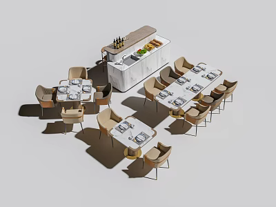 Modern Minimalist Dining Table Set With Tables Chairs Bar Counter Green Plants And Decorative Bottles 3d model