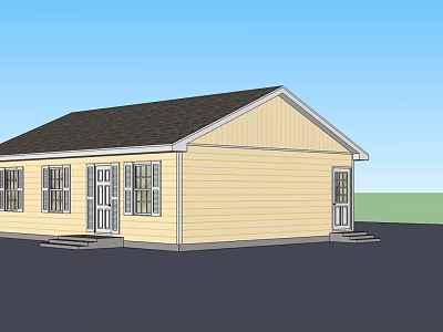 Single Story Yellow House Featuring Black Roof Front Door Windows And Steps 3d model