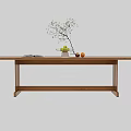 Modern Wooden Dining Table With Metal Legs Green Plant In Vase Fruits And Open Magazine