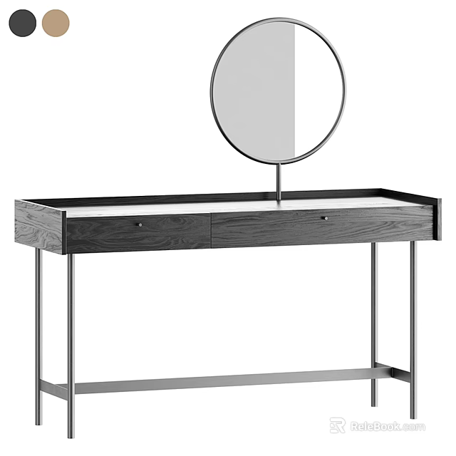 Modern Dressing Table With Round Mirror Wooden Drawers And Metal Frame Structure Design 3d model 