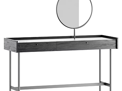 Modern Dressing Table With Round Mirror Wooden Drawers And Metal Frame Structure Design 3d model