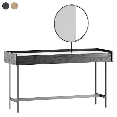 Modern Dressing Table With Round Mirror Wooden Drawers And Metal Frame Structure Design 3d model