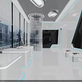 Modern Tech Exhibition Hall With White Blue Lines Display Counters Drone Exhibits Large Digital Screen