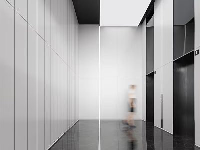 Modern Sleek Elevator Lobby Design With Polished Black Floors Smooth Walls And Person Walking 3d model