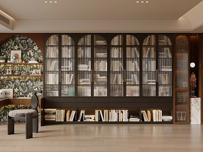 Elegant Dark Wood Arched Bookcase With Multiple Shelves Decorative Wall And Accent Chair 3d model