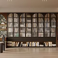 Elegant Dark Wood Arched Bookcase With Multiple Shelves Decorative Wall And Accent Chair