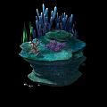 Layered Stone Wood Rock Formation With Green Plants And Blue Coral Details