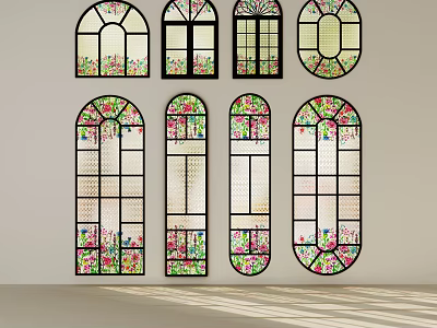 Elegant Casement Windows With Stained Glass Floral Patterns Arched Rectangular Designs And Light Effects 3d model