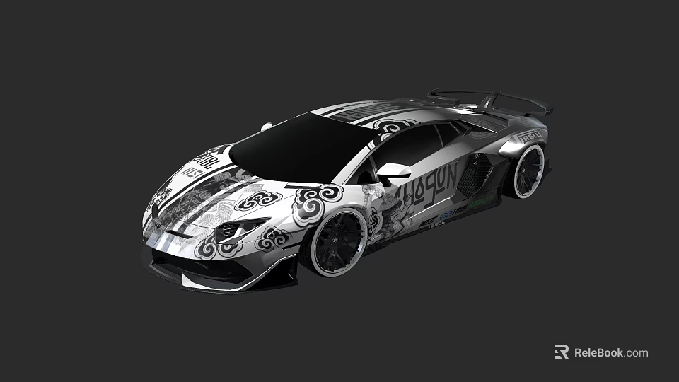 Stylish Silver Sports Car With Decorative Patterns Sleek Design Black Roof And Rear Spoiler 3d model 