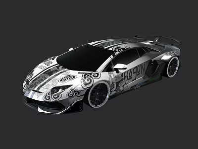Stylish Silver Sports Car With Decorative Patterns Sleek Design Black Roof And Rear Spoiler 3d model