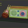 Classic Computer Headphones With Wooden Radio On Black Platform