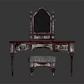 Ornate Vintage Dressing Table with Decorative Mirror and Carved Details and Matching Upholstered Stool