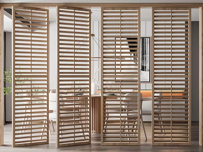 Wooden Slatted Room Divider Enhancing Modern Interior Living Space With Furniture 3d model