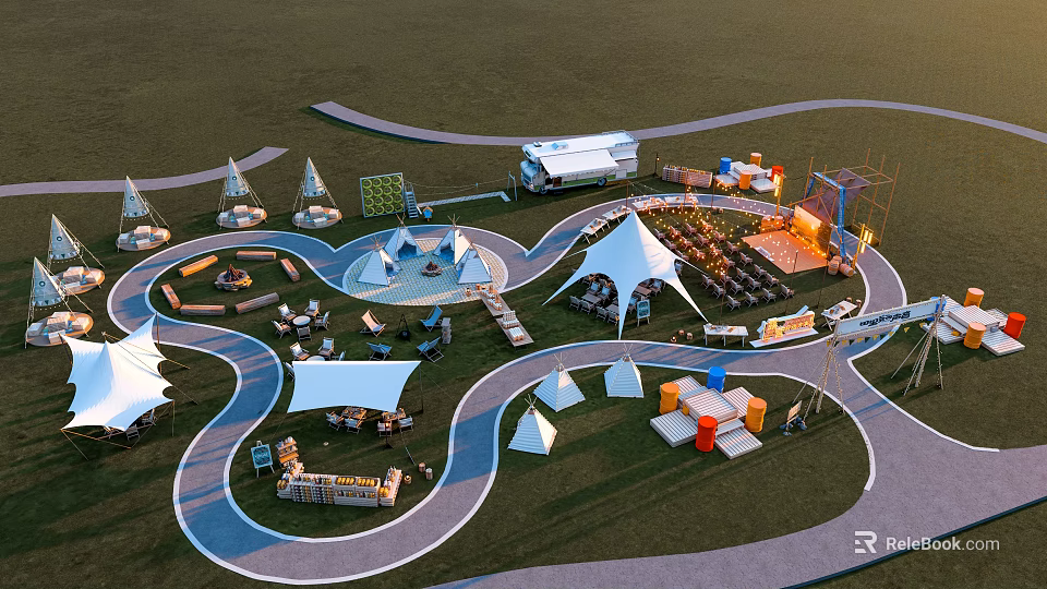 Scenic Camping Campsite With Curved Paths Tents Activity Areas And Seating Facilities 3d model 