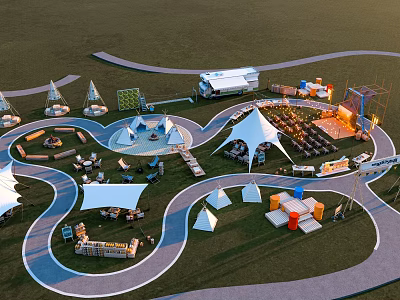 Scenic Camping Campsite With Curved Paths Tents Activity Areas And Seating Facilities 3d model