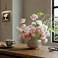 Pink And White Roses In Ceramic Vase On Wooden Table With Green Cup Pastry Eyeglasses