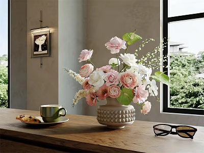 Pink And White Roses In Ceramic Vase On Wooden Table With Green Cup Pastry Eyeglasses 3d model