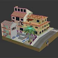 Cartoon Scene With Colorful Buildings Orange Roofs Red Awnings And Palm Tree