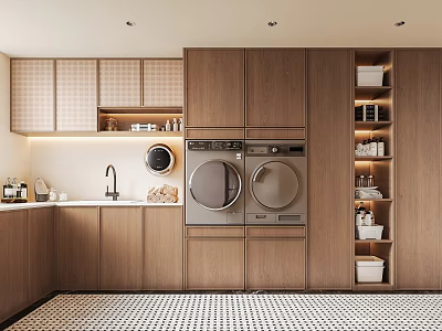 Modern Laundry Room With Wooden Cabinetry Washing Machine Dryer Sink Open Shelves And Checkerboard Floor 3d model