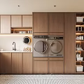 Modern Laundry Room With Wooden Cabinetry Washing Machine Dryer Sink Open Shelves And Checkerboard Floor