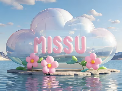 Transparent Cloud Shaped Landscape Sculpture With Pink MISSU Lettering Pink Flowers And Water Mountain Background 3d model