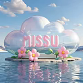 Transparent Cloud Shaped Landscape Sculpture With Pink MISSU Lettering Pink Flowers And Water Mountain Background