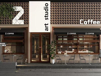 Modern Coffee Shop Art Studio Storefront With White Signage Brown Grille And Outdoor Seating 3d model