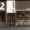 Modern Coffee Shop Art Studio Storefront With White Signage Brown Grille And Outdoor Seating