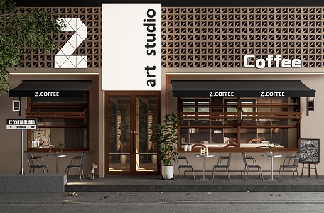 Coffee shop door head facade outdoor table and chair folding window cement brick shop sign light plate outdoor chair 3d model