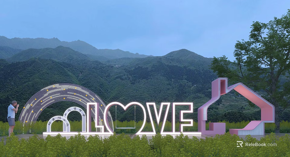 Scenic Outdoor LOVE Letters With Green Grassland Mountains Trees And Pink Structure 3d model 