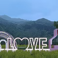 Scenic Outdoor LOVE Letters With Green Grassland Mountains Trees And Pink Structure