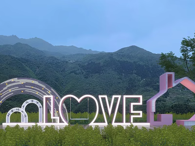 Scenic Outdoor LOVE Letters With Green Grassland Mountains Trees And Pink Structure 3d model