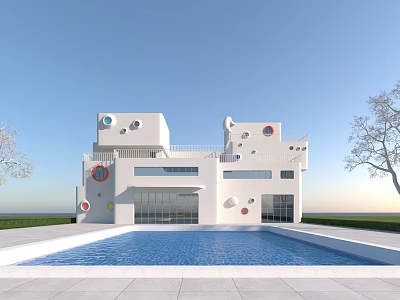 Modern Detached Villa With White Exterior Circular Square Windows And Front Swimming Pool 3d model