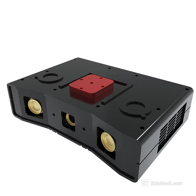 Black Industrial Mechanical Device With Red Square Component And Gold Circular Elements 3d model 