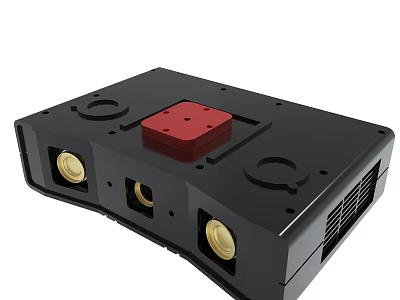 Black Industrial Mechanical Device With Red Square Component And Gold Circular Elements 3d model