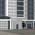 Modern Office Building With Glass Facade Decorative Elements And Entrance Greenery