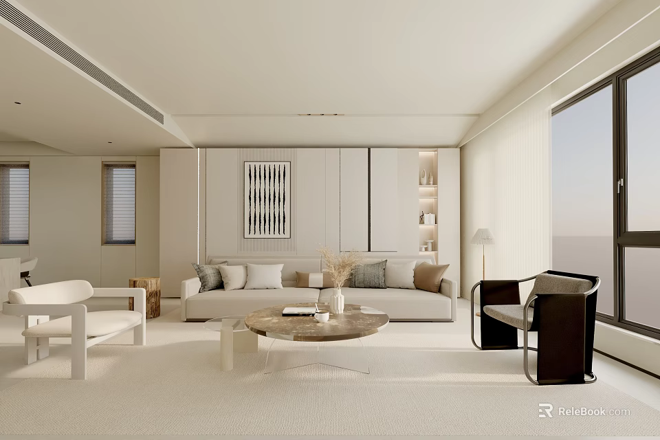 Modern Minimalist Living Room Interior With Neutral Sofa Coffee Table Accent Chair And Decorative Art 3d model 