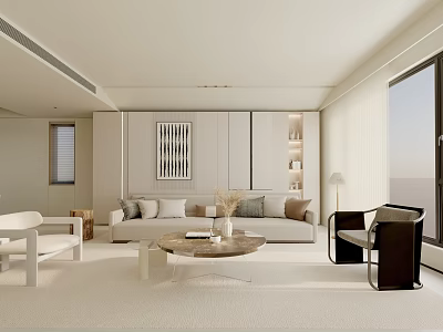 Modern Minimalist Living Room Interior With Neutral Sofa Coffee Table Accent Chair And Decorative Art 3d model