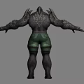 Muscular Game Movie Character With Rock Textured Skin Spiked Shoulders And Green Cargo Shorts