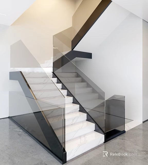 Modern Staircase Design With Glass Railing And Marble Steps In White Interior 3d model 