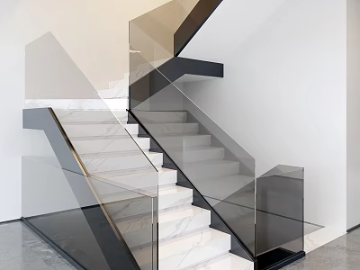 Modern Staircase Design With Glass Railing And Marble Steps In White Interior 3d model