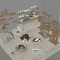 Indoor Cat Play Space With Wooden Cat Trees Beds Scratching Posts And Snacks 3d model