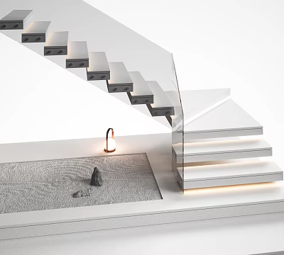Modern Transparent Glass Staircase Design With White Steps Built in Lighting And Sand Stone 3d model