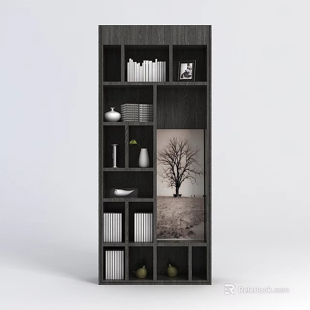 Technology Exhibition Hall Interior With Bookshelf Books Photo Frame Vase And Tree Artwork 3d model 