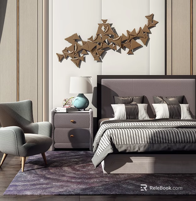 Elegant Double Bed with Striped Bedding Gray Armchair and Geometric Wall Decor 3d model 