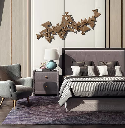 Elegant Double Bed with Striped Bedding Gray Armchair and Geometric Wall Decor 3d model