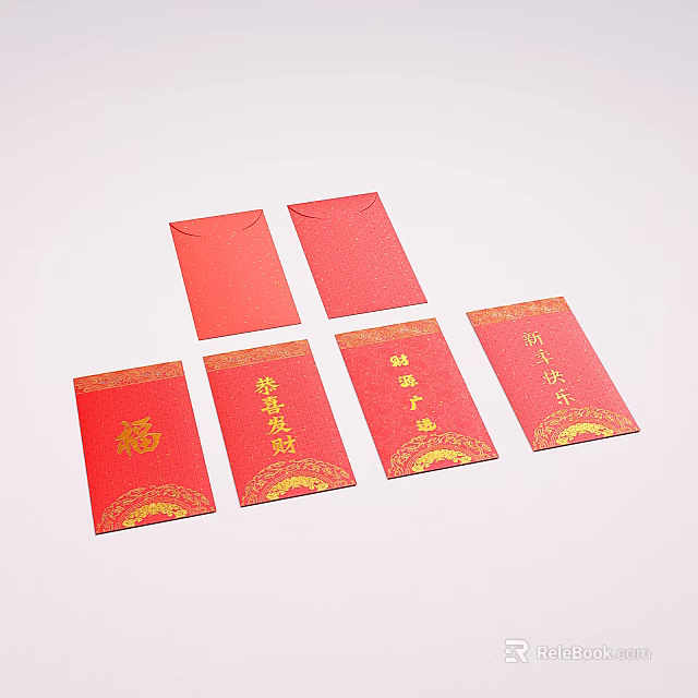 Traditional Red Envelopes With Golden Chinese Blessing Characters And Decorative Patterns 3d model 