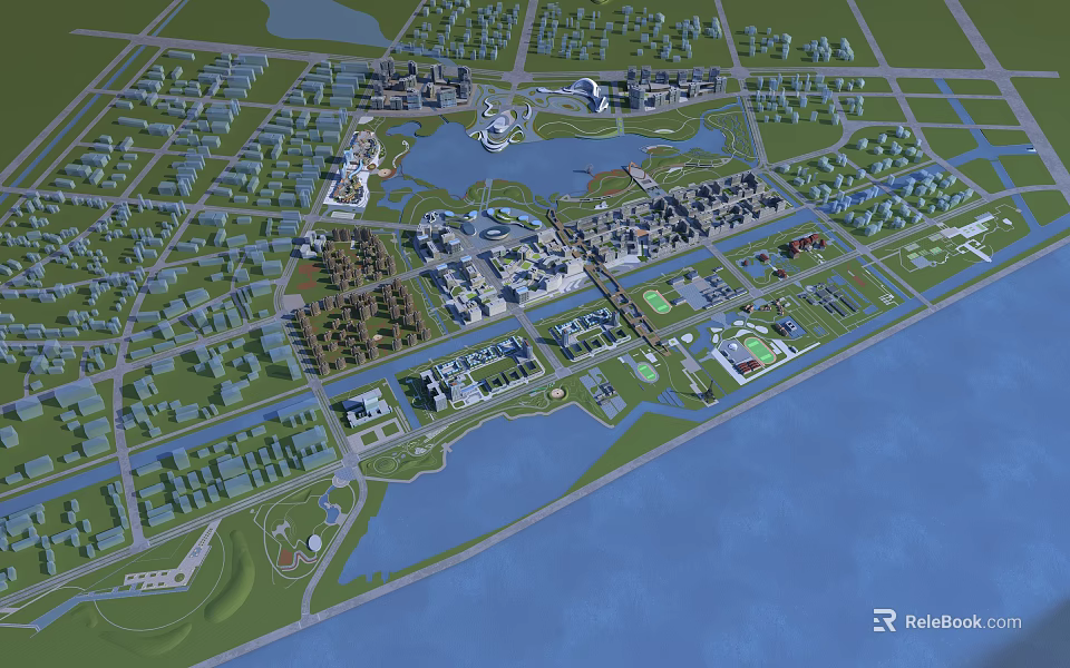 Aerial View Urban Planning with Water Bodies Green Spaces and Building Clusters 3d model 